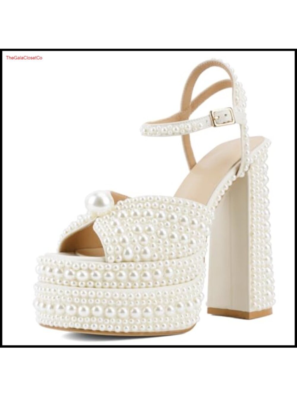 Pearl Platform Heeled Sandals Peep Toe Ankle Strap Chunky Wedding Heels